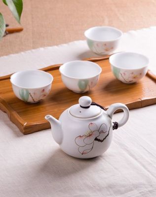 茶人嶺·花開(kāi)見(jiàn)禪 禪定手繪白瓷茶具茶盤6件套鑒賞