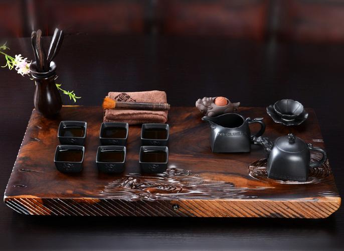 言藝 茶具套裝 整版黑檀木實木茶盤配紫砂功夫茶具套裝
